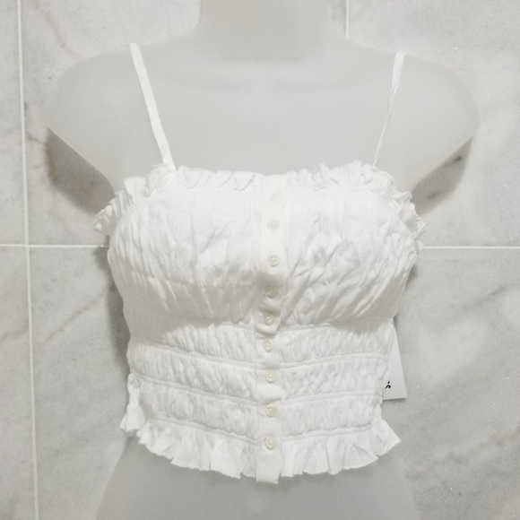 Urban Outfitters Tulla Smocked Crop Top White Tie Shoulder Medium - Picture 3 of 10